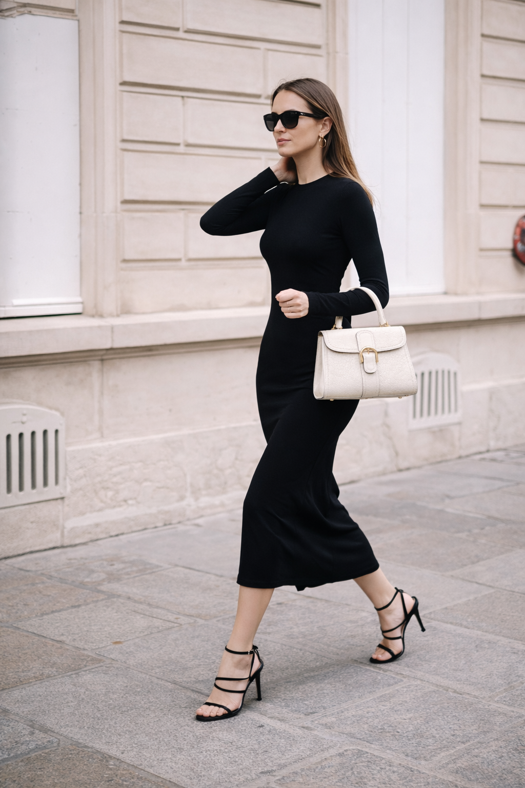 Mujer elegante con bolso blanco roto 