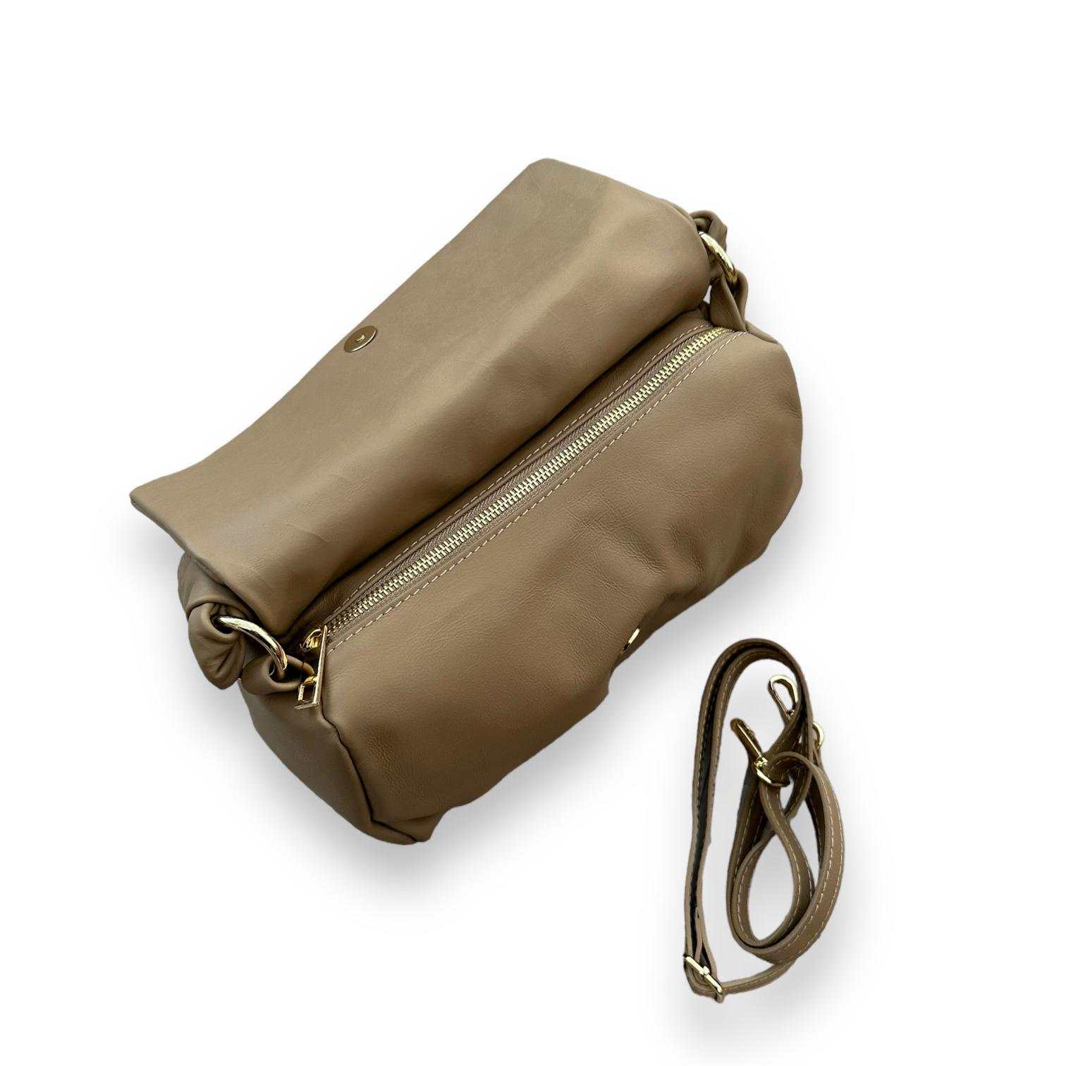 Bandolera nudos topo en piel de vacuno suave con correa corrediza y cierre de cremallera ligera y cómoda
