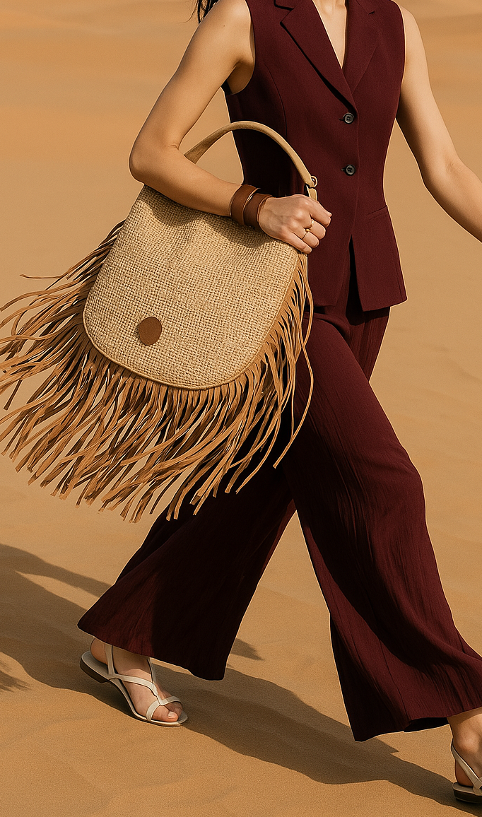 Bolso XL rafia flecos camel